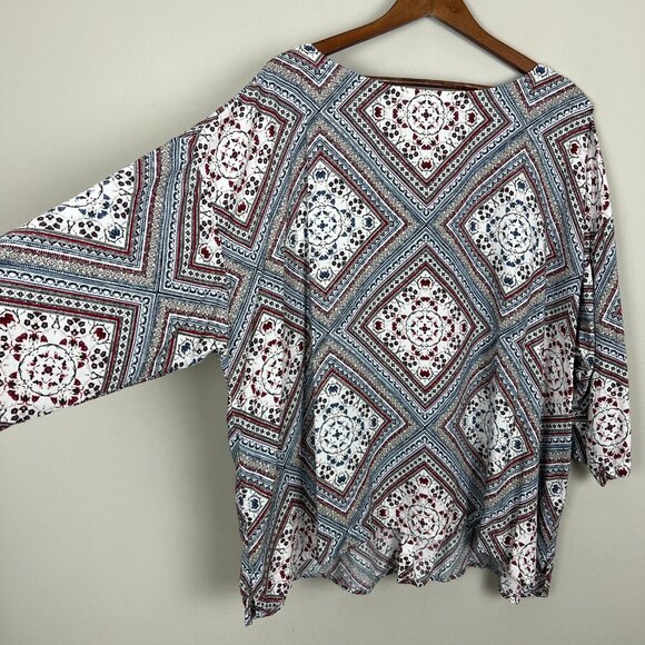 J Jill Blouse Top Womens 3X Red Blue Floral 3/4 Sleeve Button Back Slit High Low - Picture 4 of 9